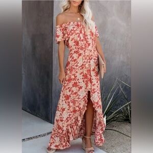 Off The Shoulder Short Sleeve High Low Hemline Front Faux Buttons Ruffle Trim